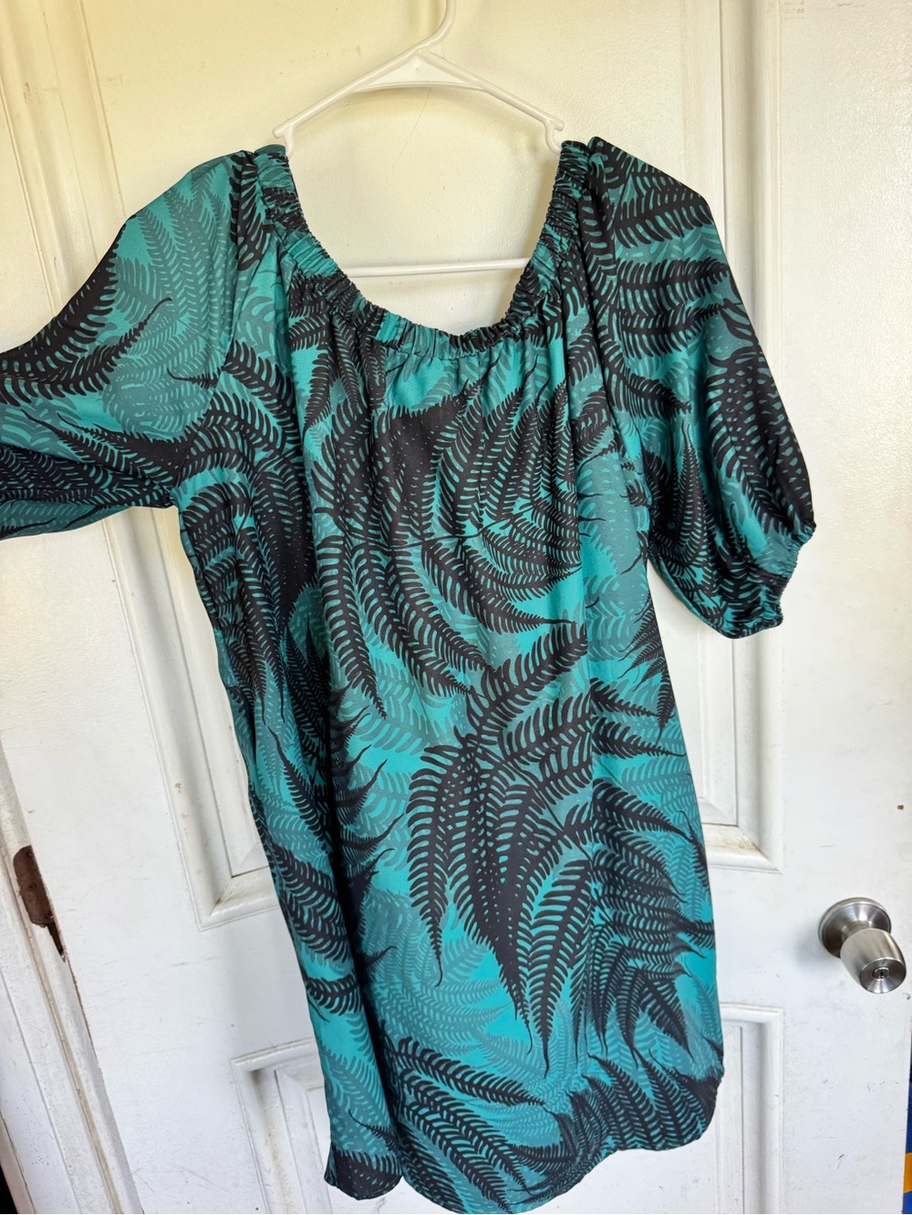 Teal Fern-Print Off-Shoulder Mini Dress